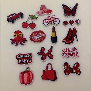 16 pcs Red Series Sew/Iron on Patches New Red Adorable! 💋🍒👠💄🐙🚗🎀👜